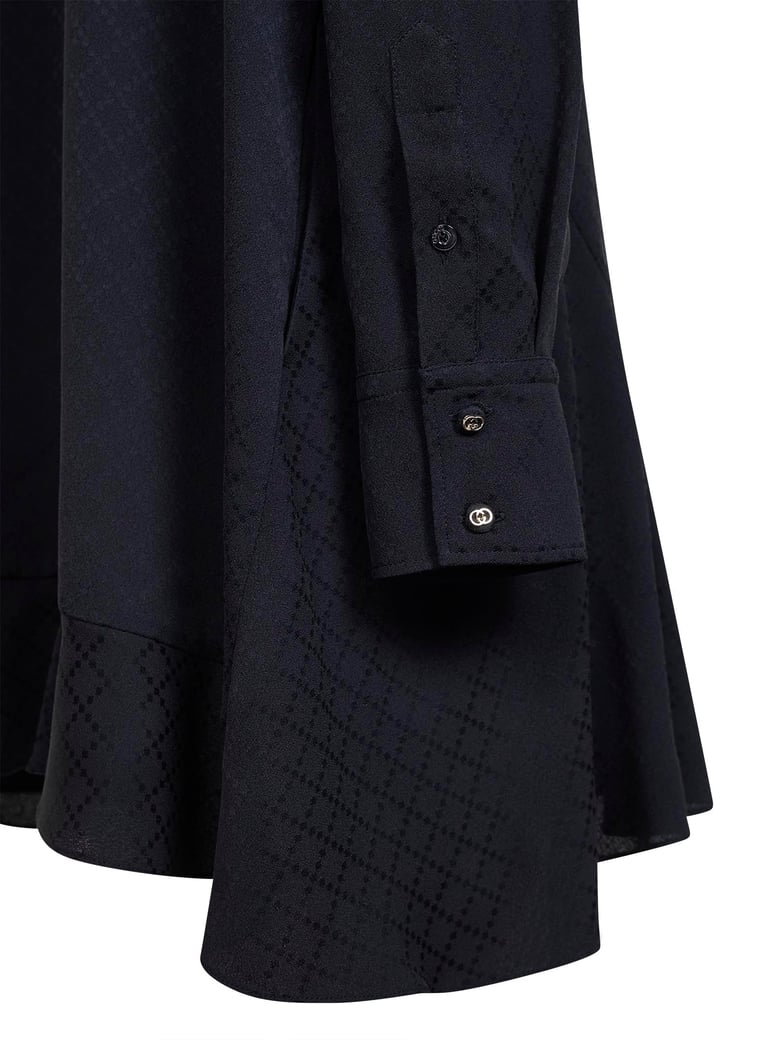 dark blue jacquard silk blend mini shirt dress by Selfnex