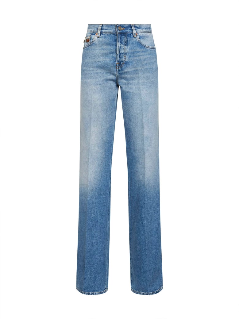 light blue flared cotton denim jeans by Selfnex