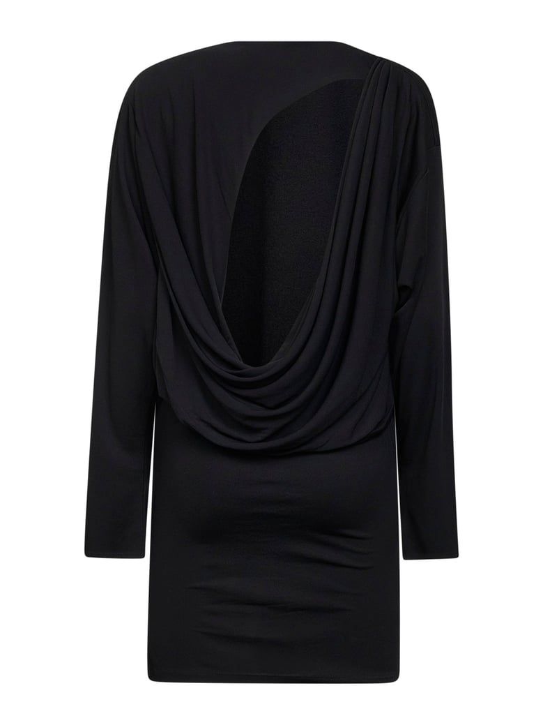 black cowl-back mini dress by Selfnex