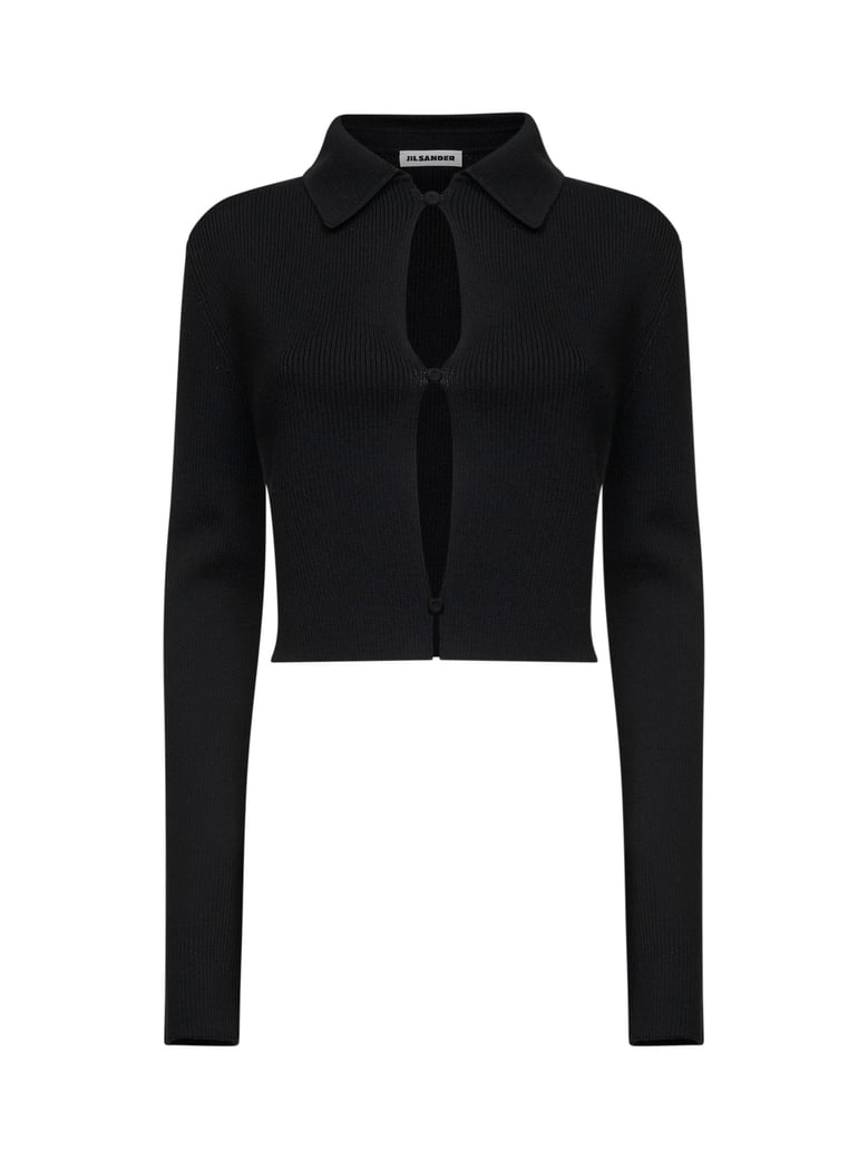 black merino wool cropped cardigan with cut-outs by Selfnex