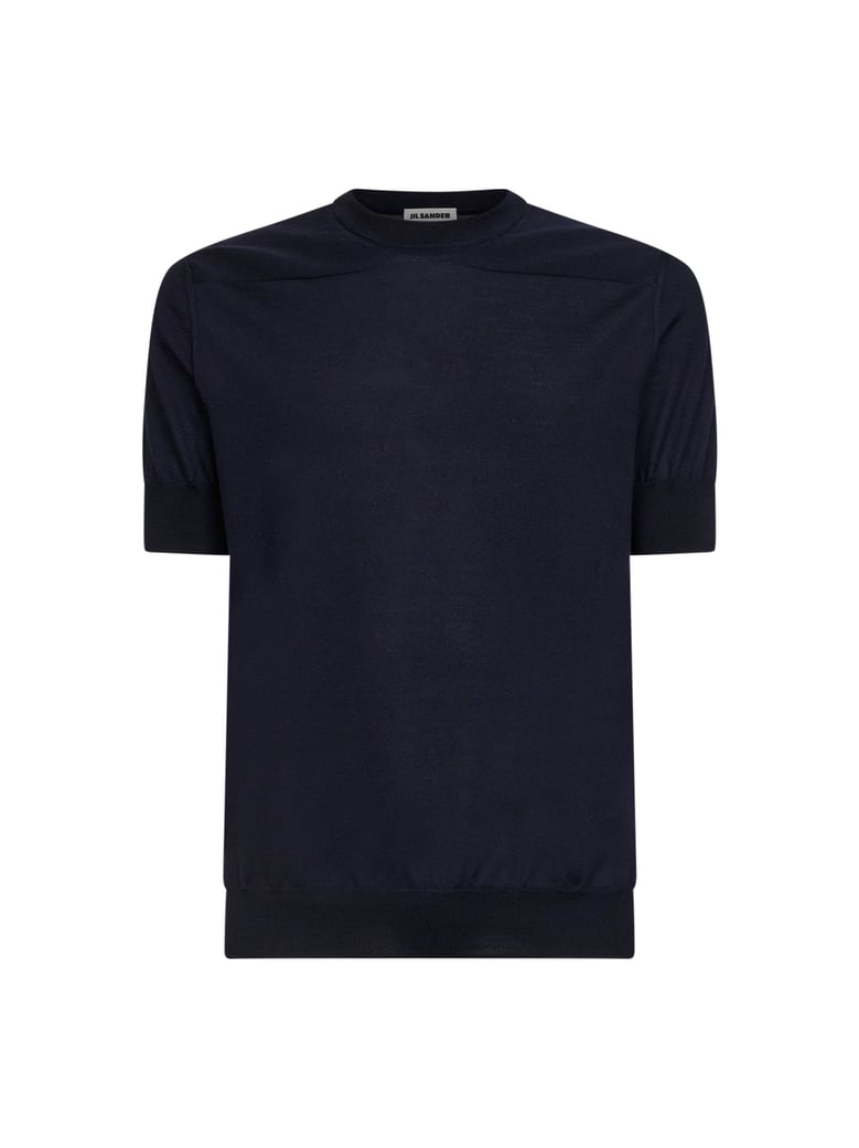blue wool knit short-sleeved sweater by Selfnex