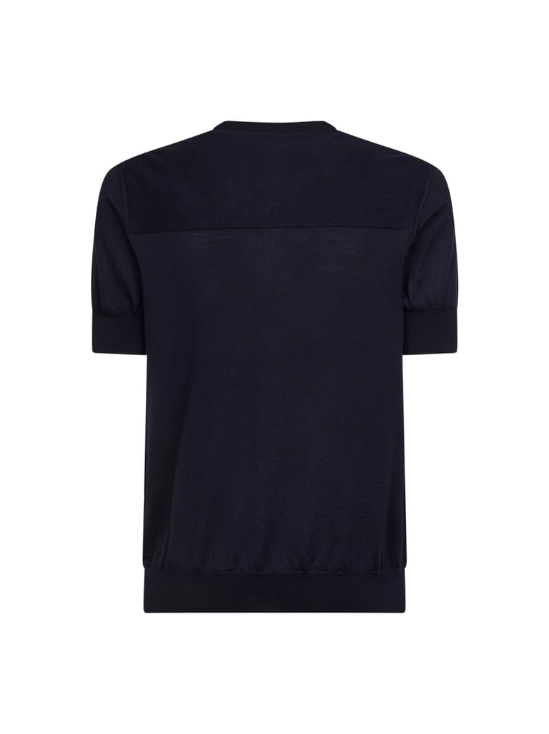 blue wool knit short-sleeved sweater by Selfnex