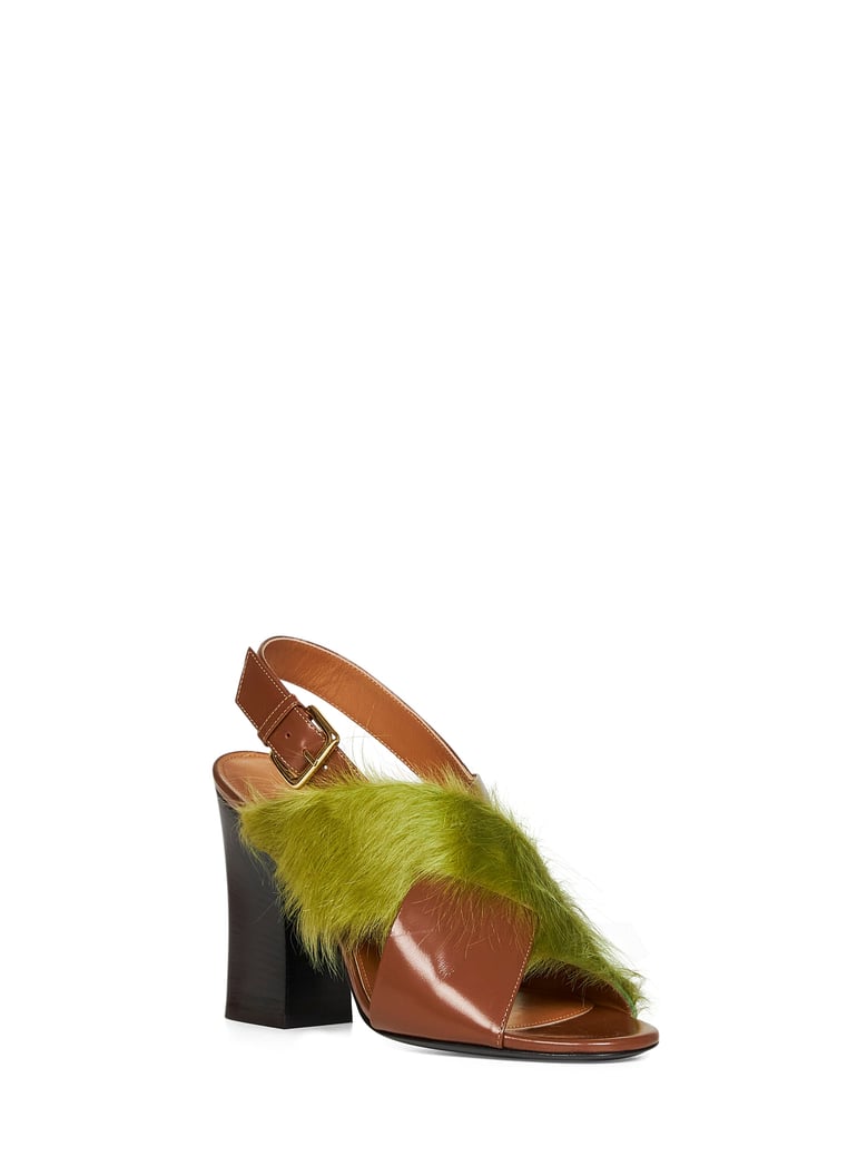 brown and green leather long-hair sandals by Selfnex