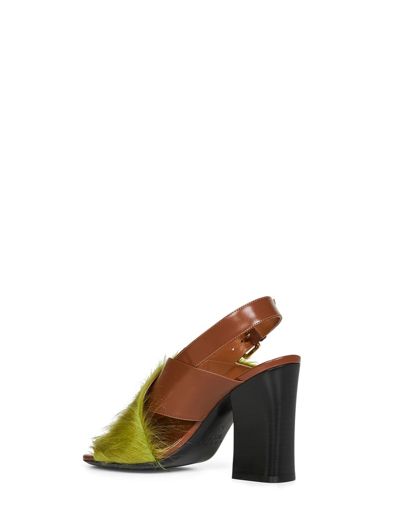 brown and green leather long-hair sandals by Selfnex