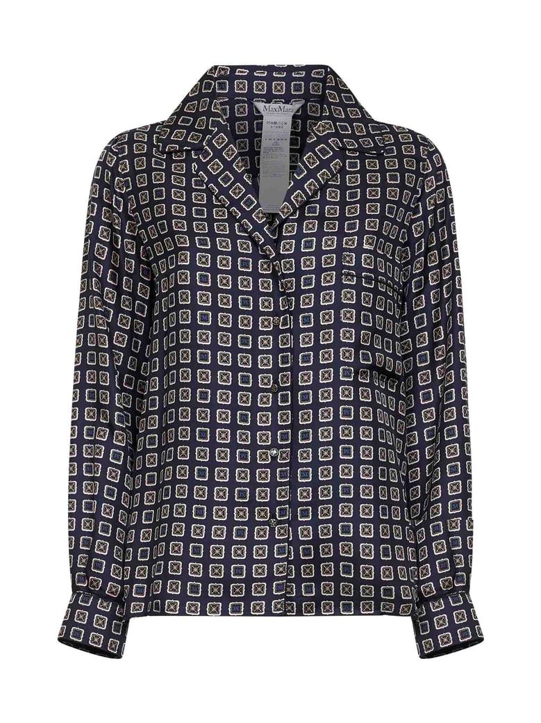navy blue printed silk shirt by Selfnex