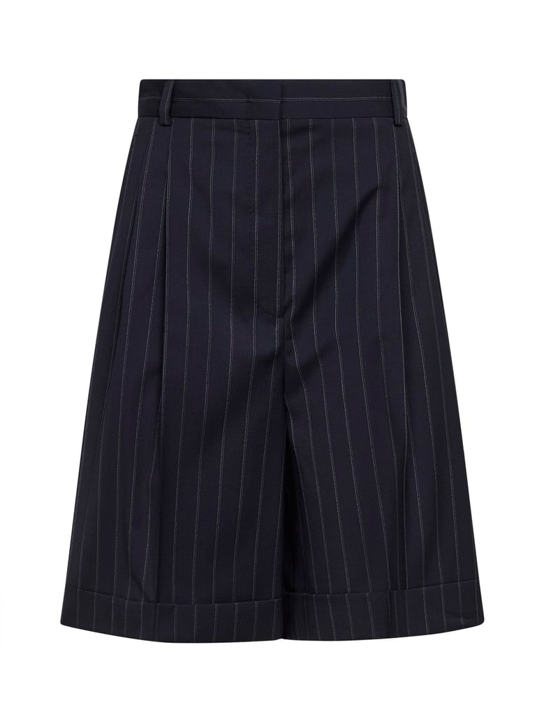 blue pinstriped wool canvas bermuda shorts by Selfnex