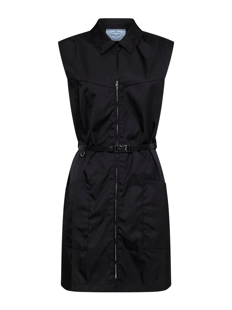 black re-nylon belted short dress by Selfnex