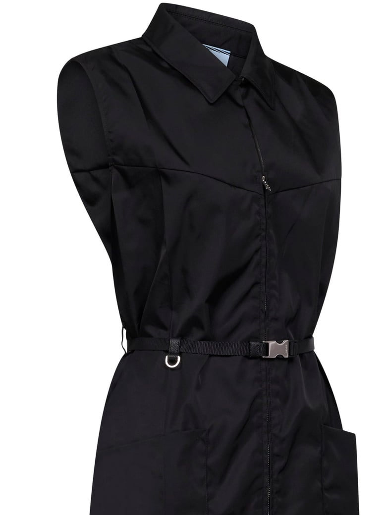 black re-nylon belted short dress by Selfnex