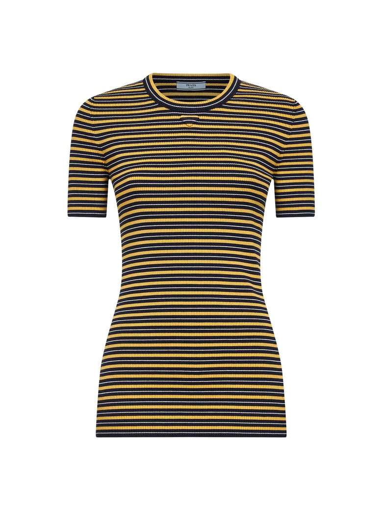 navy and yellow striped ribbed knit sweater by Selfnex