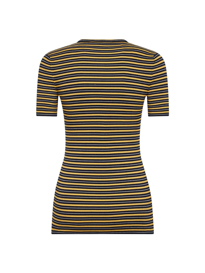 navy and yellow striped ribbed knit sweater by Selfnex