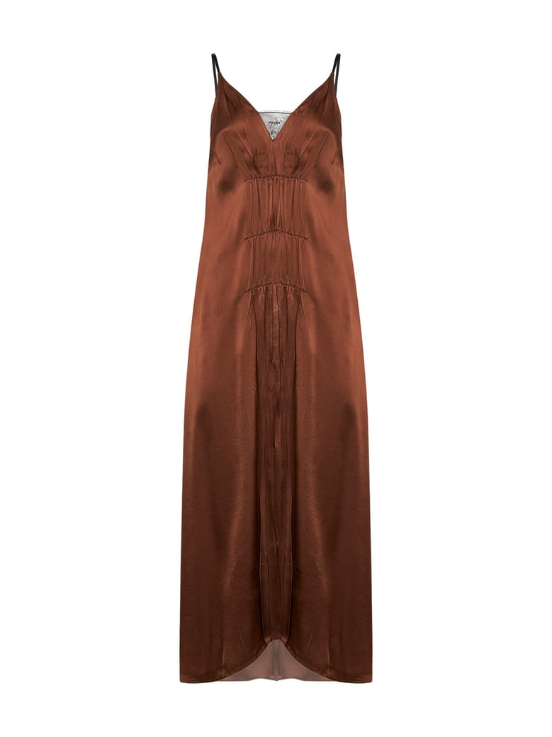 tobacco satin long dress by Selfnex