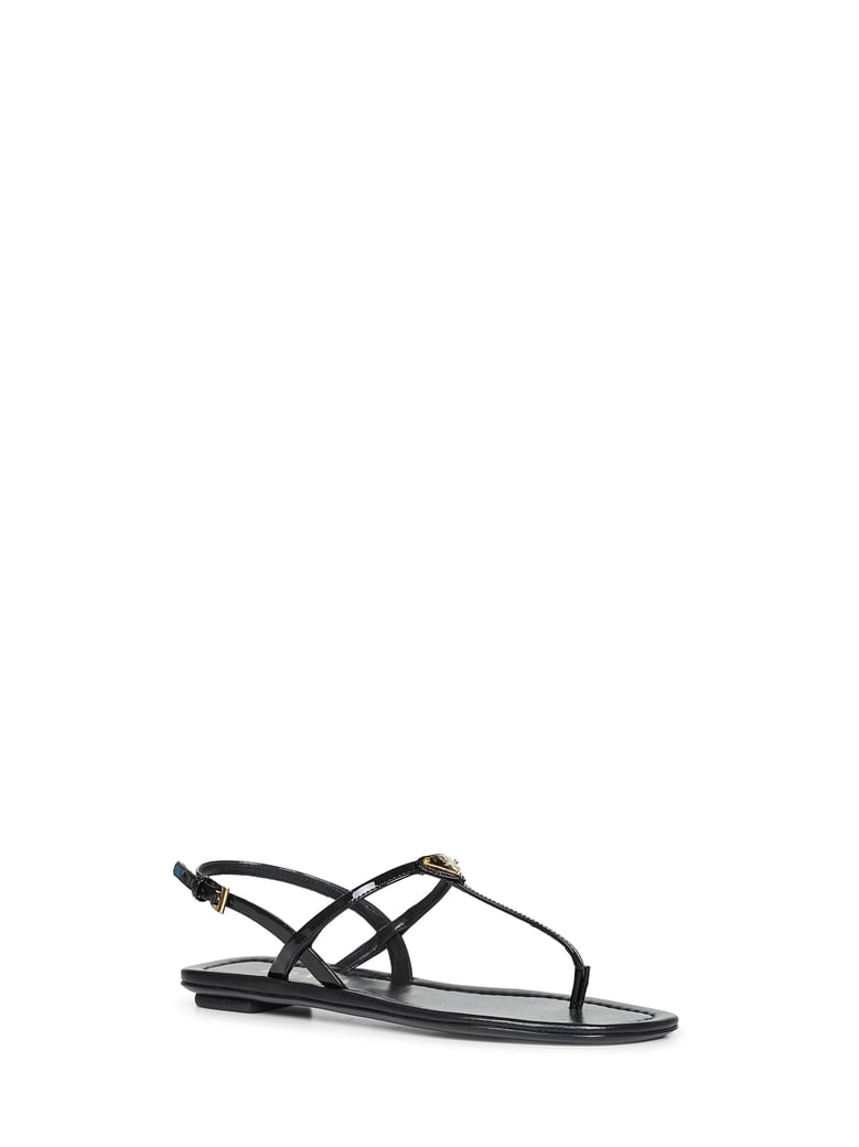 black patent leather thong sandals by Selfnex