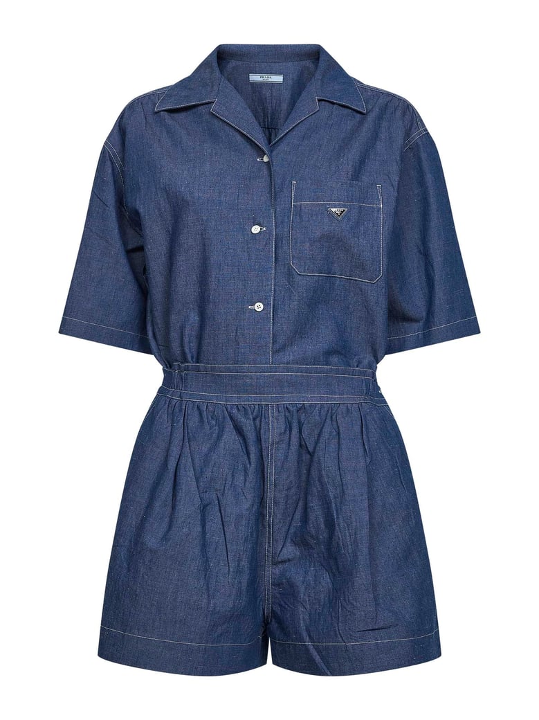 blue cotton and linen denim detachable playsuit by Selfnex
