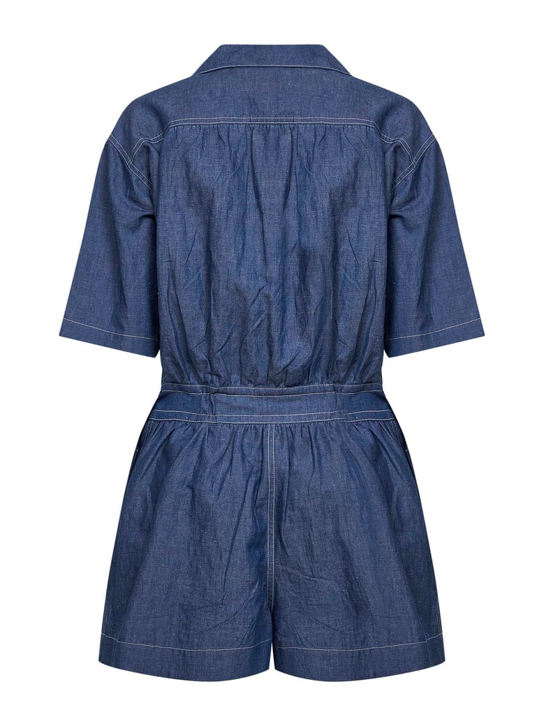 blue cotton and linen denim detachable playsuit by Selfnex