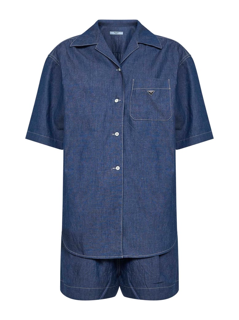 blue cotton and linen denim detachable playsuit by Selfnex