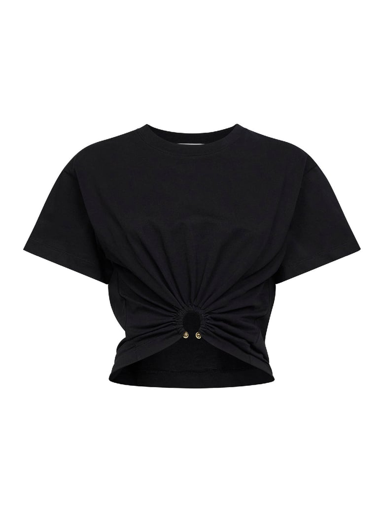 black cropped t-shirt with piercing detail by Selfnex
