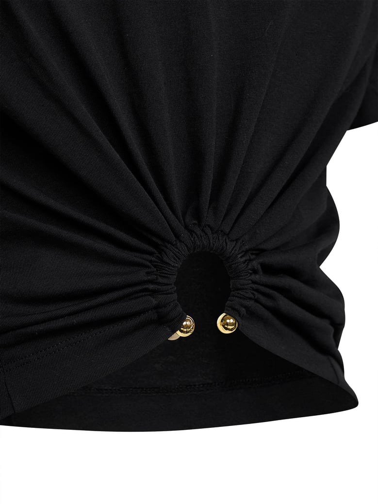 black cropped t-shirt with piercing detail by Selfnex