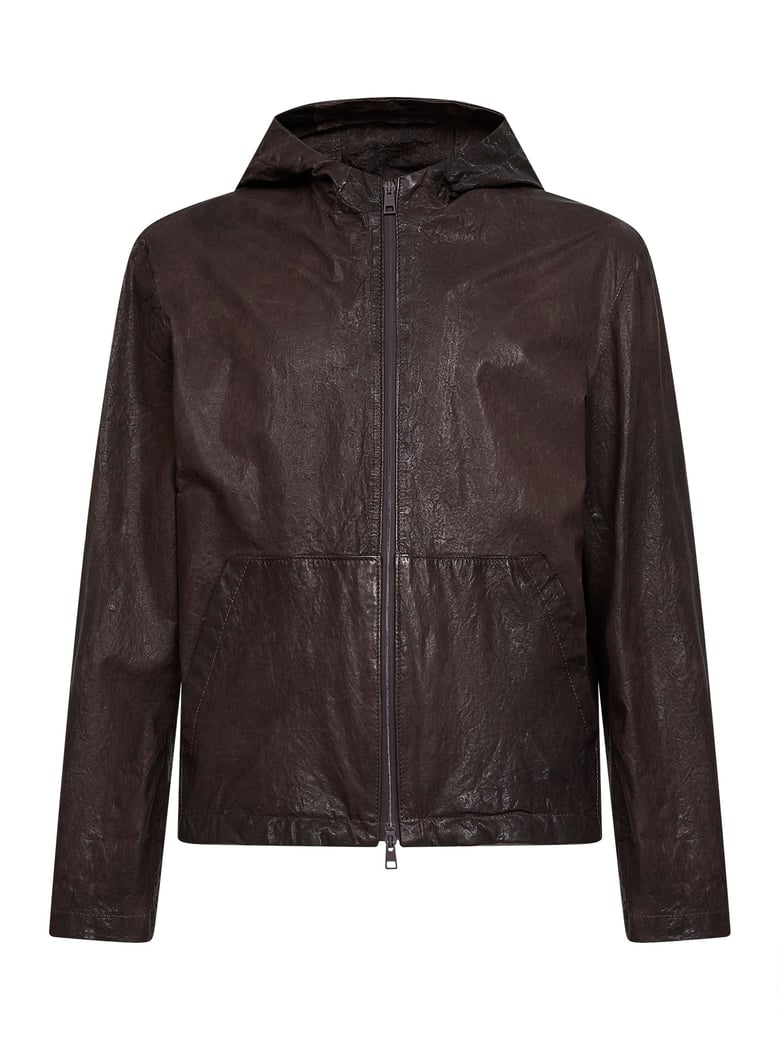 hooded jacket coffee crinkled leather by Selfnex