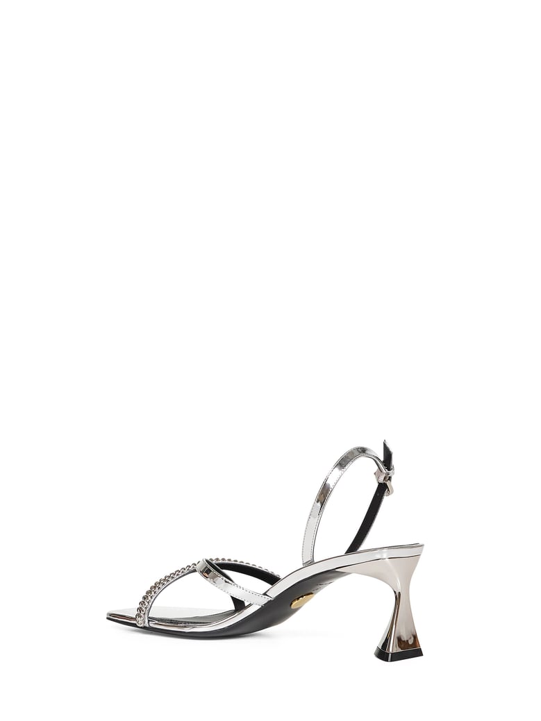 silver metallic heeled sandals by Selfnex