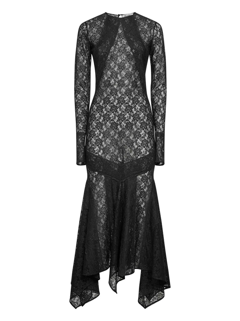 black stretch lace asymmetric midi dress by Selfnex