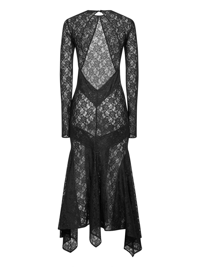 black stretch lace asymmetric midi dress by Selfnex