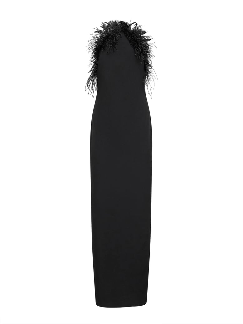 black cady long dress with ostrich feathers by Selfnex