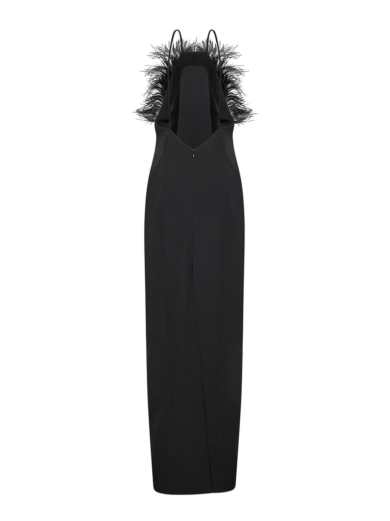 black cady long dress with ostrich feathers by Selfnex