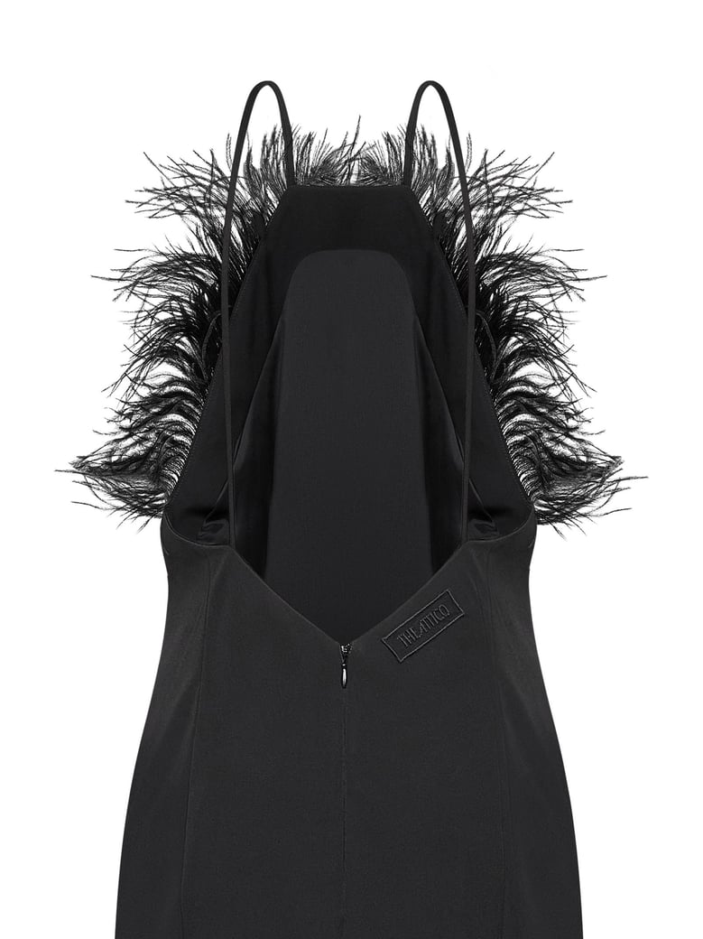 black cady long dress with ostrich feathers by Selfnex