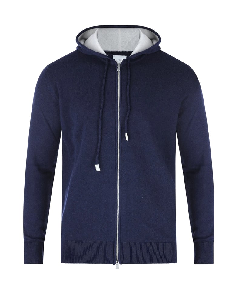 hooded cashmere zip sweater blue/sand by Selfnex